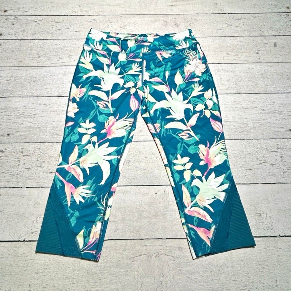TEK GEAR DRYTEK Women’s XL Floral Cropped Leggings Teal Athleisure Gym